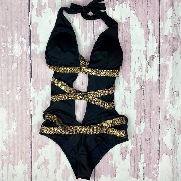 Other - NWT Black & Gold Plunging Monokini